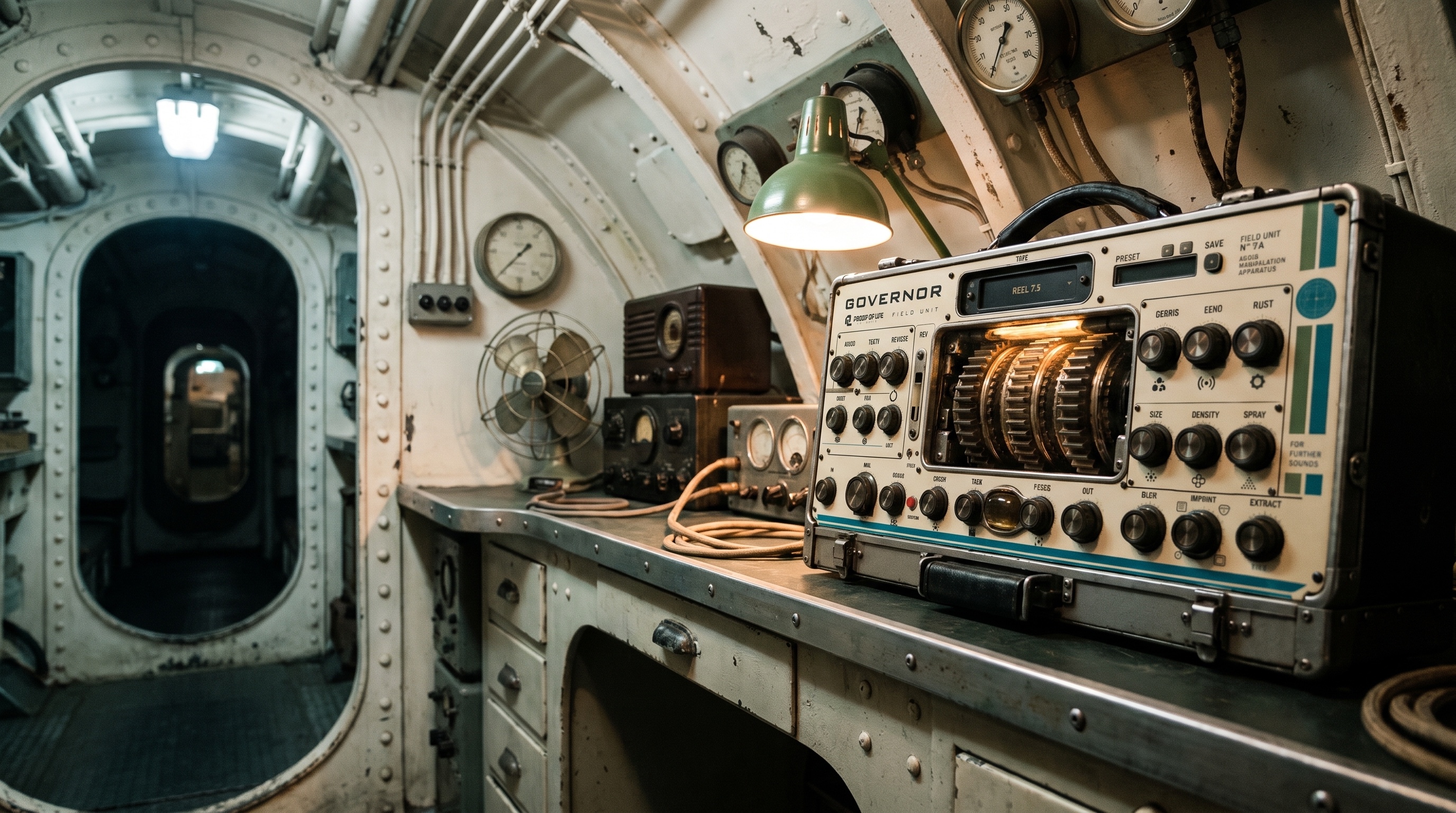 An imagined recording space, filled with analog instruments and signs of life